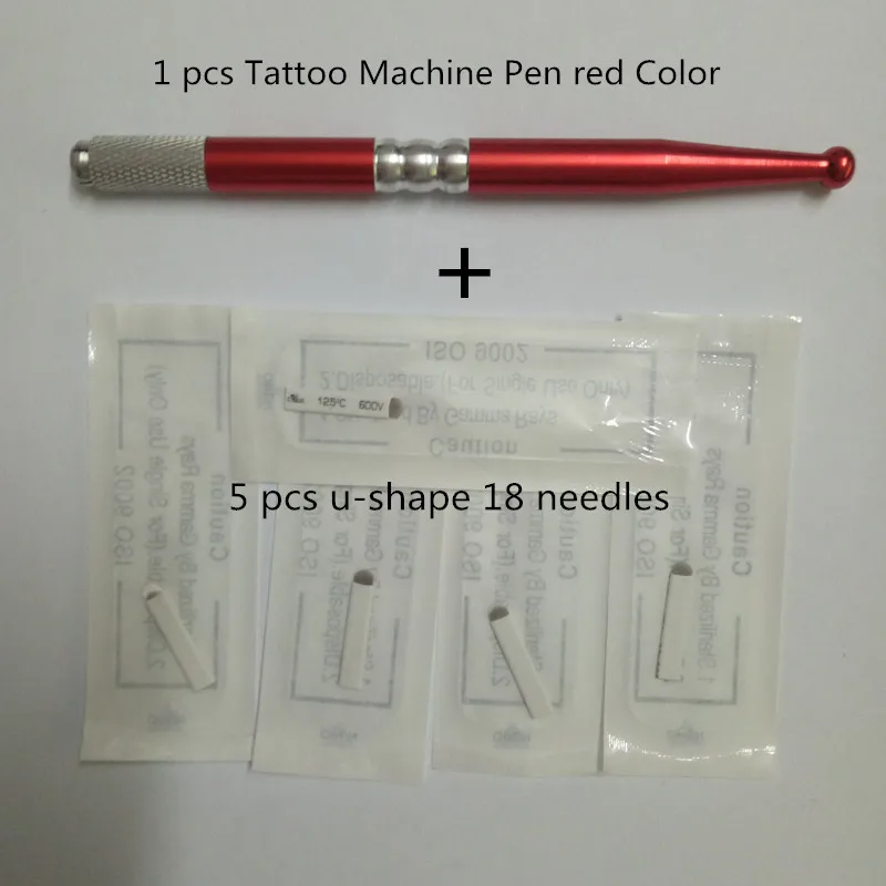 

New Style Permanent Manual Eyebrow Makeup Tattoo Machine Pen red Color 5 pcs Tattoo Needles Blade u-shape 18 pins