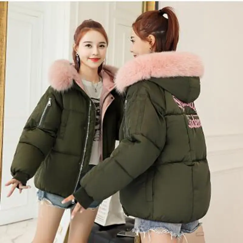Brieuces Short Coats & Jackets Slim Women Parka Winter Fur Collar Hooded Coat Female Knitting Autumn Warm Outwear Overcoat Parka