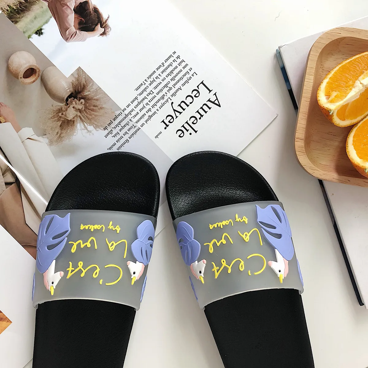 

EABXZ 2019 Korean version cartoon cute Women Shoes Fur Slides Real Fur Slides Outside Flip Flops Leather Summer Slippers Solid