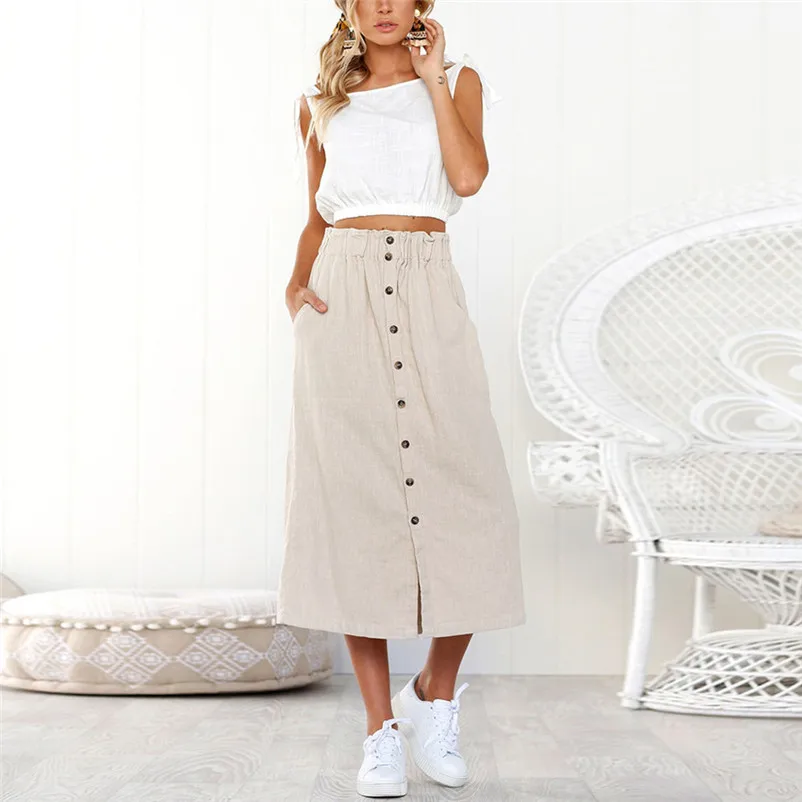 New Fashion 2018 Summer style skirts womens casual Bohemia High Waist Line Button Beach Wrap Maxi Long Skirt Femme Saia Y04#N (3)