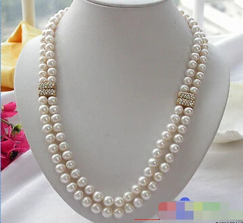 

Free shipping@@@@@ p2164 2row 9MM WHITE round FRESHWATER CULTURED PEARL NECKLACE
