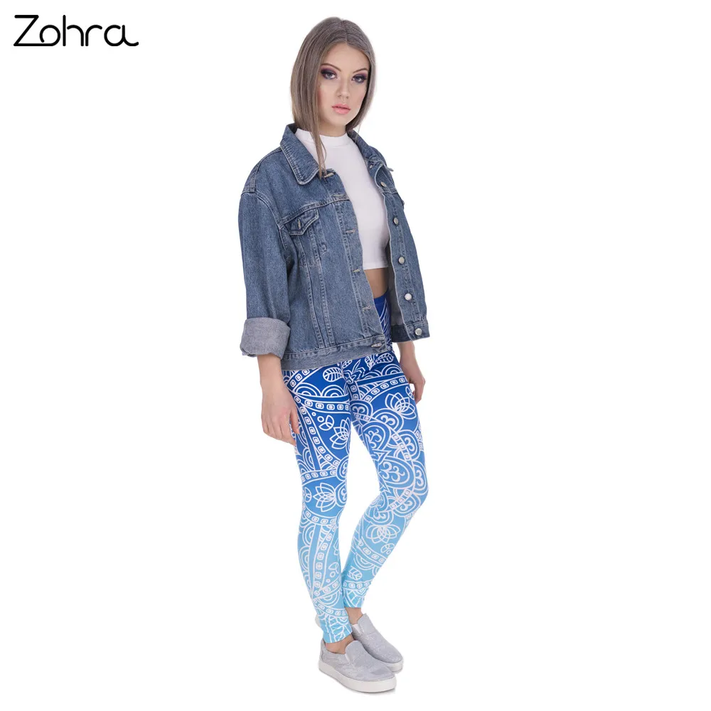 Zohra Hohe Qualität Frauen Legins Mandala Ombre Blau Druck Legging Mode Lässig Hohe Taille Frau Leggings