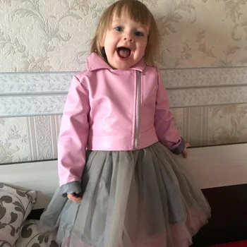 

children PU jacket, 2-7 year old Girls motorcycle leather fashion short diagonal zipper jacket with dress Detachable hot