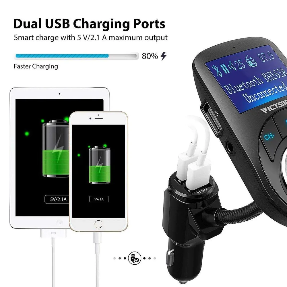 VicTsing FM Transmitter Bluetooth Car MP3 Transmitter Music Player AUX TF U-Disk 3-USB Ports Wireless Car Kit Radio Adapter      (2)