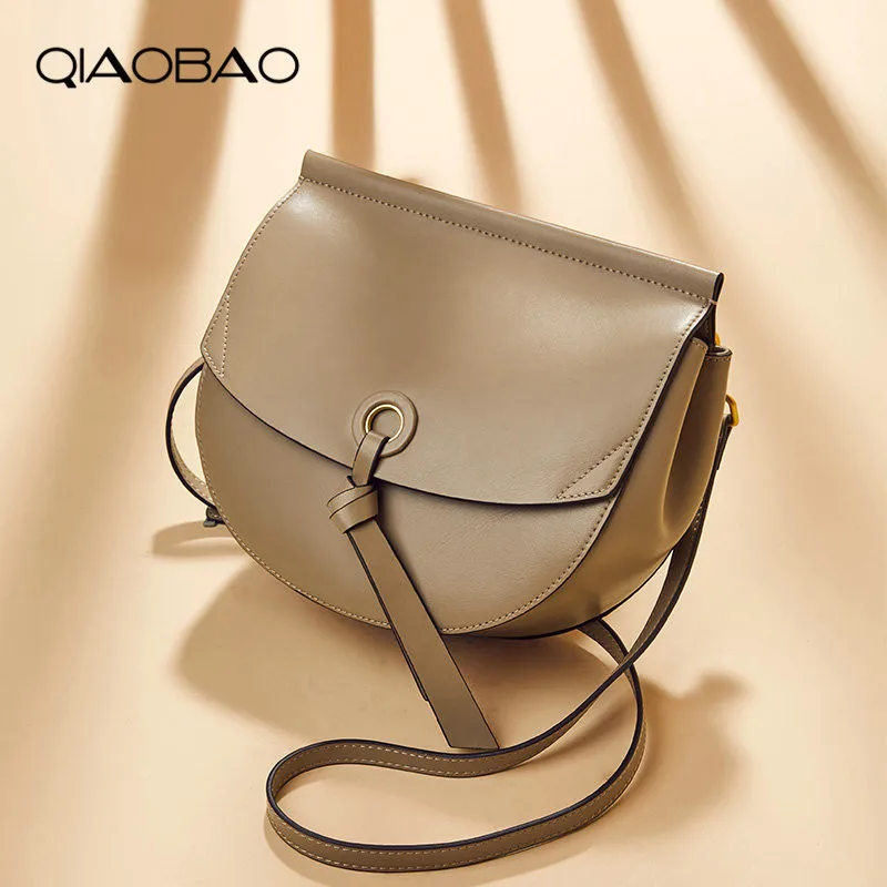 

QIAOBAO Retro 100% Cowhide Leather Saddle Bags Women Shoulder Bags Women Handbags Width Strap Ladies Solid Messenger Bag Female