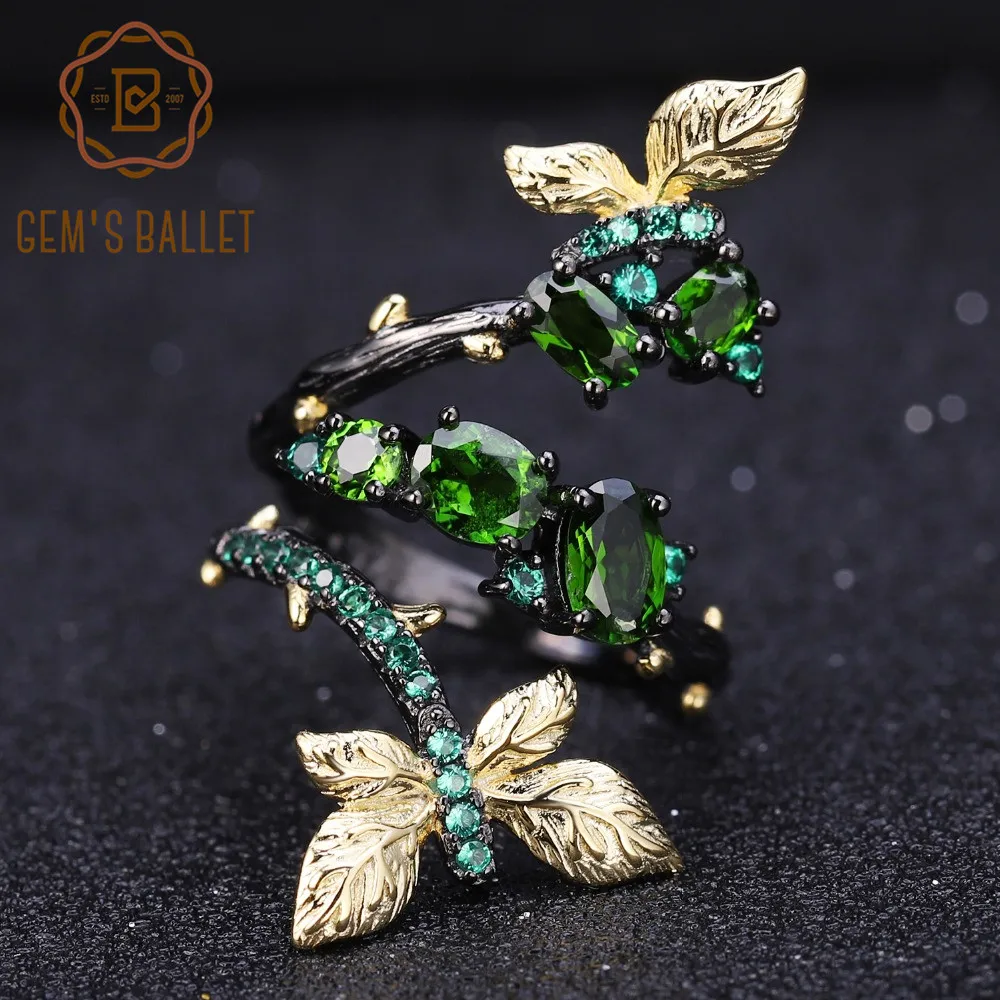 

GEM'S BALLET 925 Sterling Silver Handmade Ring 1.81Ct Natural Chrome Diopside Butterfly Branch Around Rings for Women Engagement