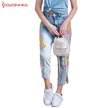 Хлопковые женские джинсы с вышивкой птички, с высокой талией, неэластичные женские Синие рваные джинсовые штаны, повседневные джинсы размера плюс#5