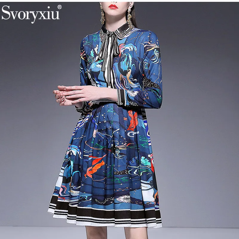 

Svoryxiu 2019 New Spring Summer Designer Dress Women's Long Sleeve Diamond Collar Vintage Print Female Party Pleated Midi Dress
