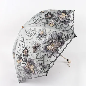 

Lace Double-layer Embroidery Umbrellas Umbrella Rain Woman Black Rubber Anti-UV Three-folding Sun Female Umbrellas 1812