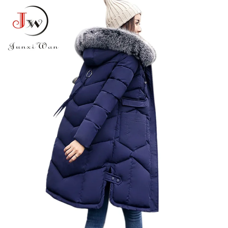 women hooded coat faux fur collar thicken warm long jacket
