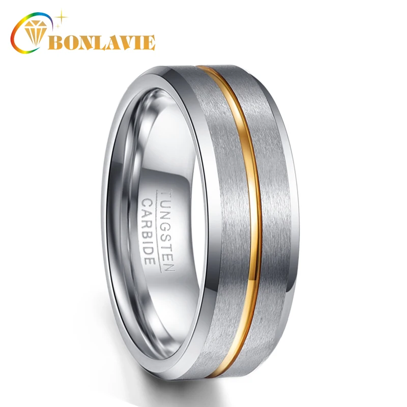 

BONLAVIE 8mm Width Men Rings 100% Tungsten Carbide Jewelry Gold Line Silver Matte Surface Male Ring Wedding Bands 7/8/9/10/11/12