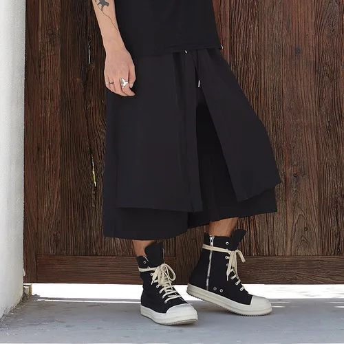Для мужчин Япония Кимоно свободные широкие брюки ноги модные Повседневная юбка брюки мужской уличной хип-хоп, панк-шаровары - Цвет: Черный