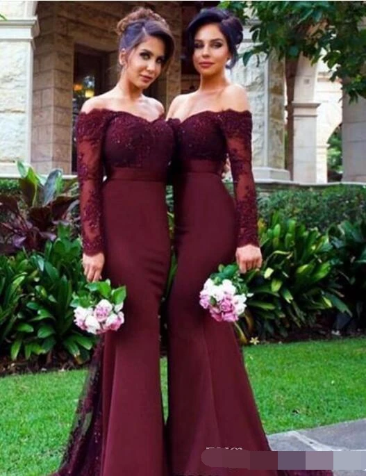 

2019 Burgundy Long Sleeve Mermaid Bridesmaid Dresses Lace Appliques Off the Shoulder Maid of Honor Gown Custom vestido madrinha