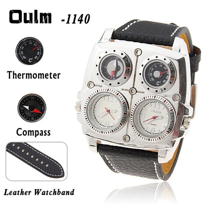  OULM 1140 Mens Dual Time Zone Military Watch with Compass Thermometer Big Rectangular Leather Casua