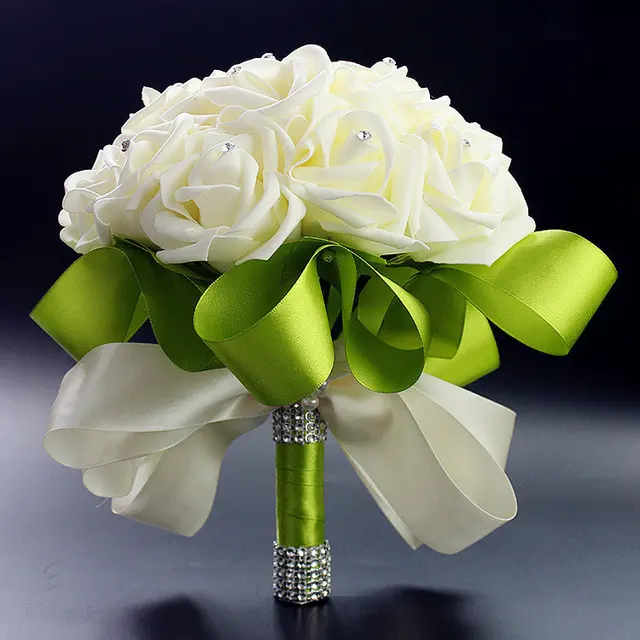 Bridal Wedding Bouquet High Quality White Green Rose Bridal Wedding Bouquet High Quality White Green Rose Decoration Artificial Bridesmaid Flower Crystal Foam