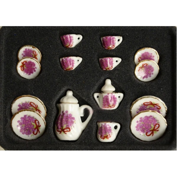Горячая продажа партия из 15 фиолетовых цветов фарфоровый кукольный домик Миниатюрный чайный набор для кофе