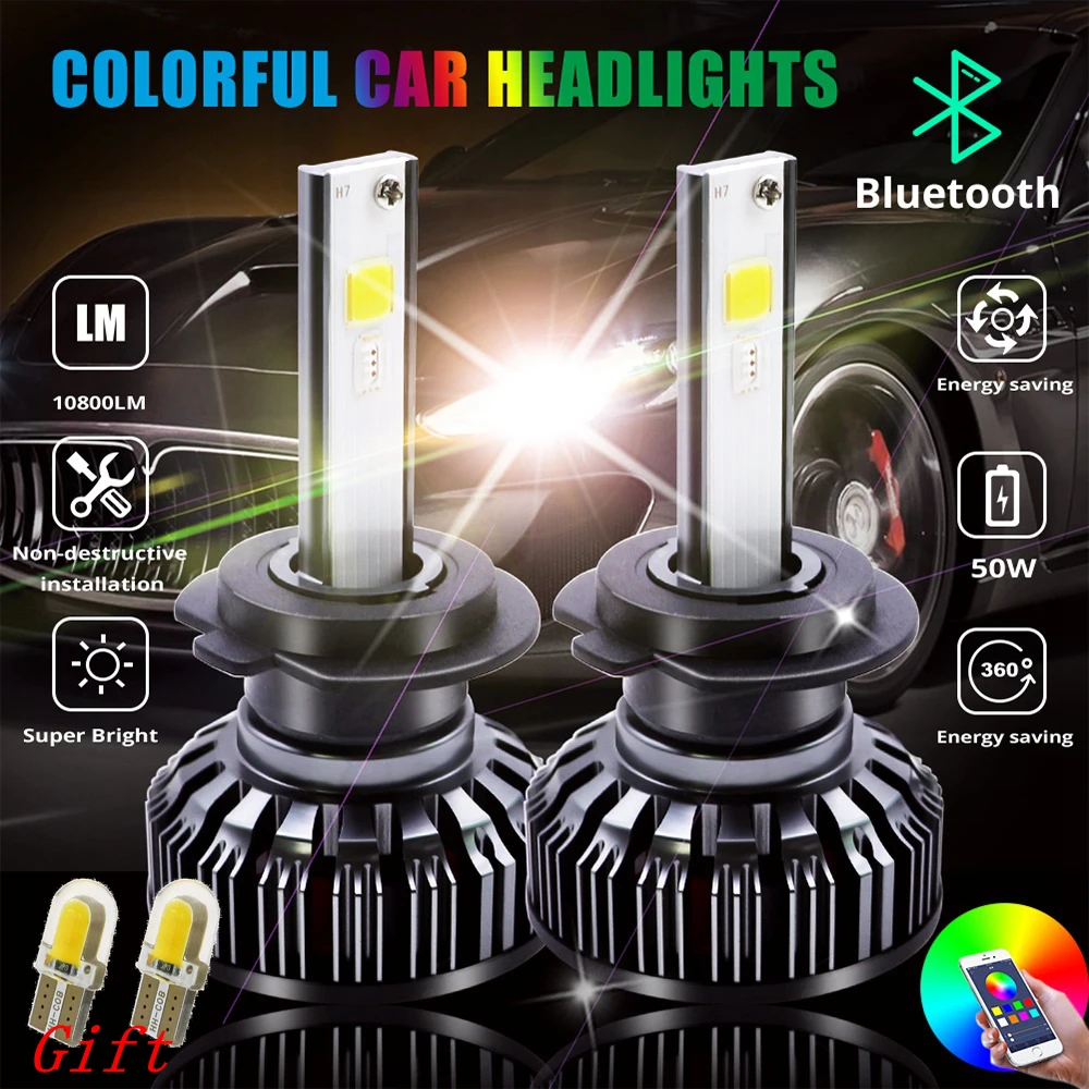 Светодиодные лампы для автомобильных фар RGB с Bluetooth и мобильным управлением H4 H1 H3