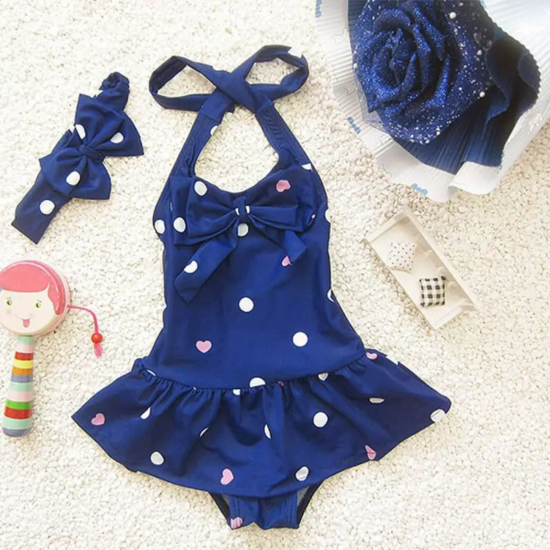 

Bathing Children's Swimsuit Girl Dots Clothes Swimwear Printed One-piece Girls Headband Beach Baby Swimwear For Baby
