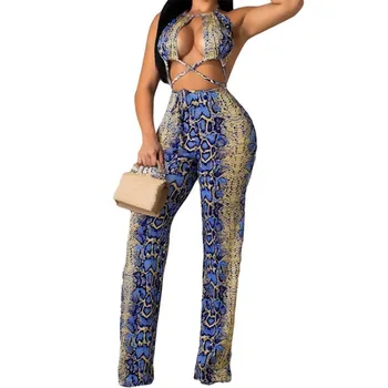 

2019 Sexy Backless Spaghetti straps Straight Romper Women Print Snakeskin Party Bodysuits Summer Halter Beach Jumpsuit