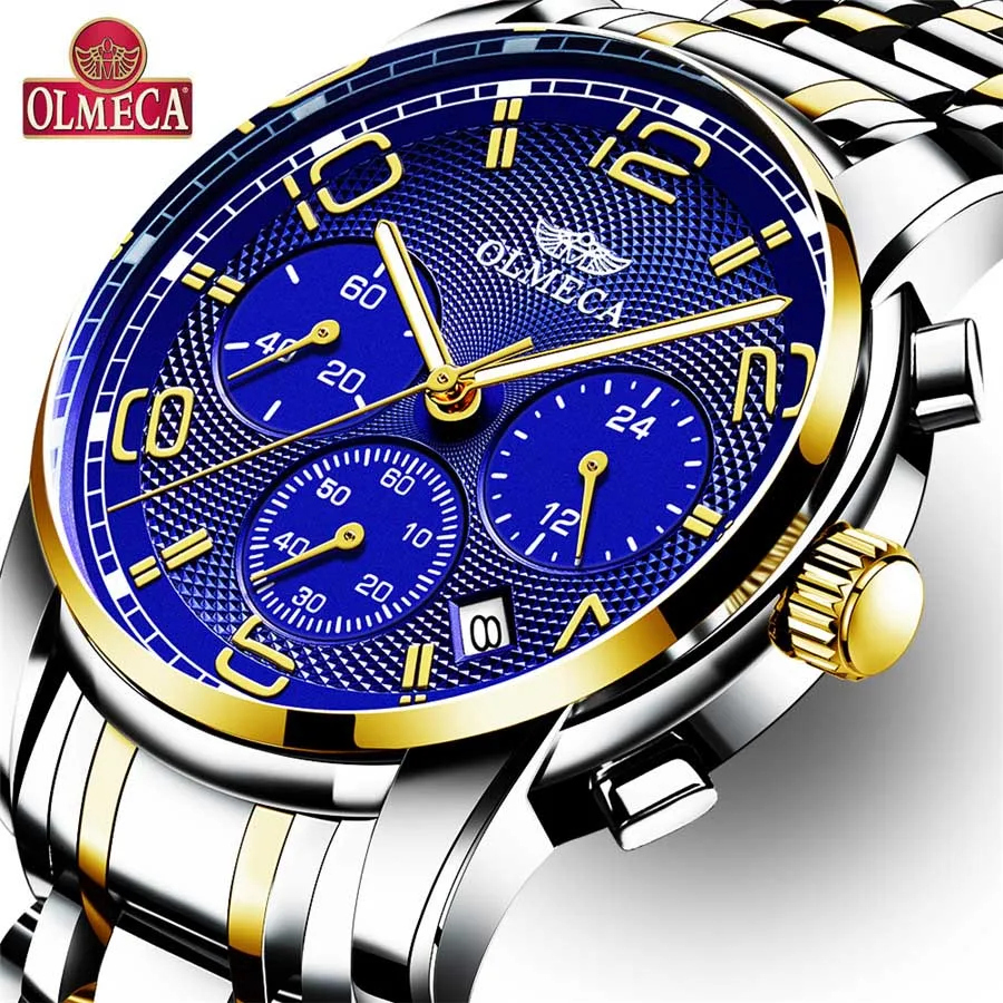 

OLMECA Mens Watches Luxury Brand Military Sport Gold Blue Watch Men Wristwatch Chronograph Quartz Watch Relogio Masculino 2019
