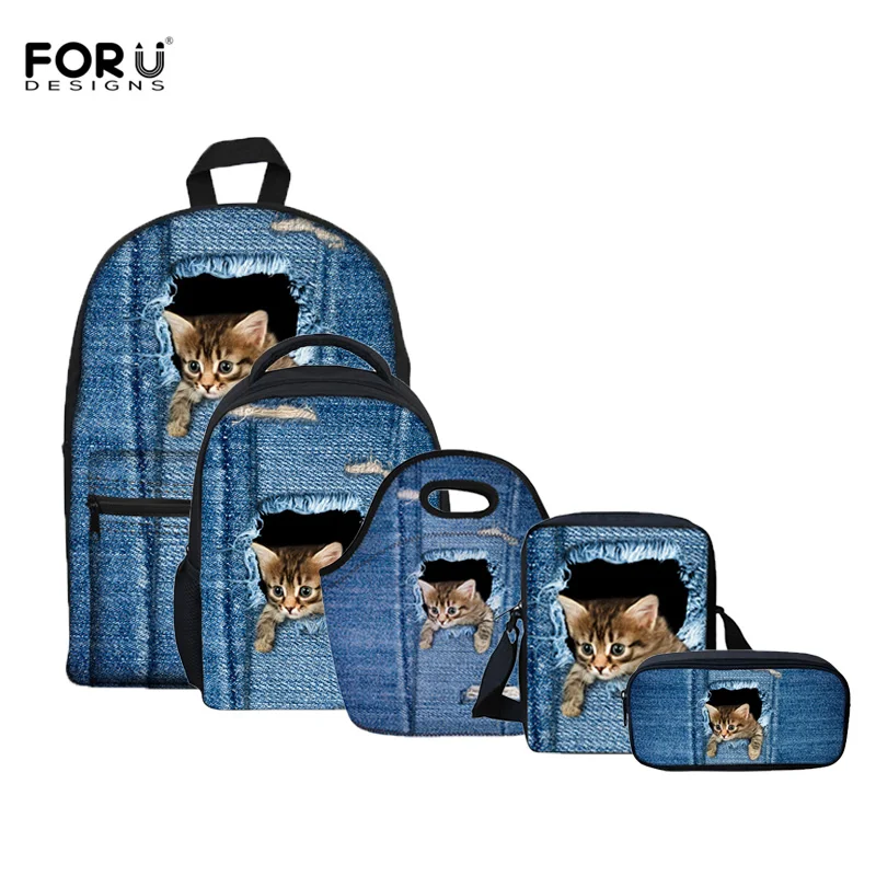 FORUDESIGNS/5 шт./компл. Denim Cat узор школьный Студент обратно в школу рюкзак для девочек-подростков детский сад Детские ранцы