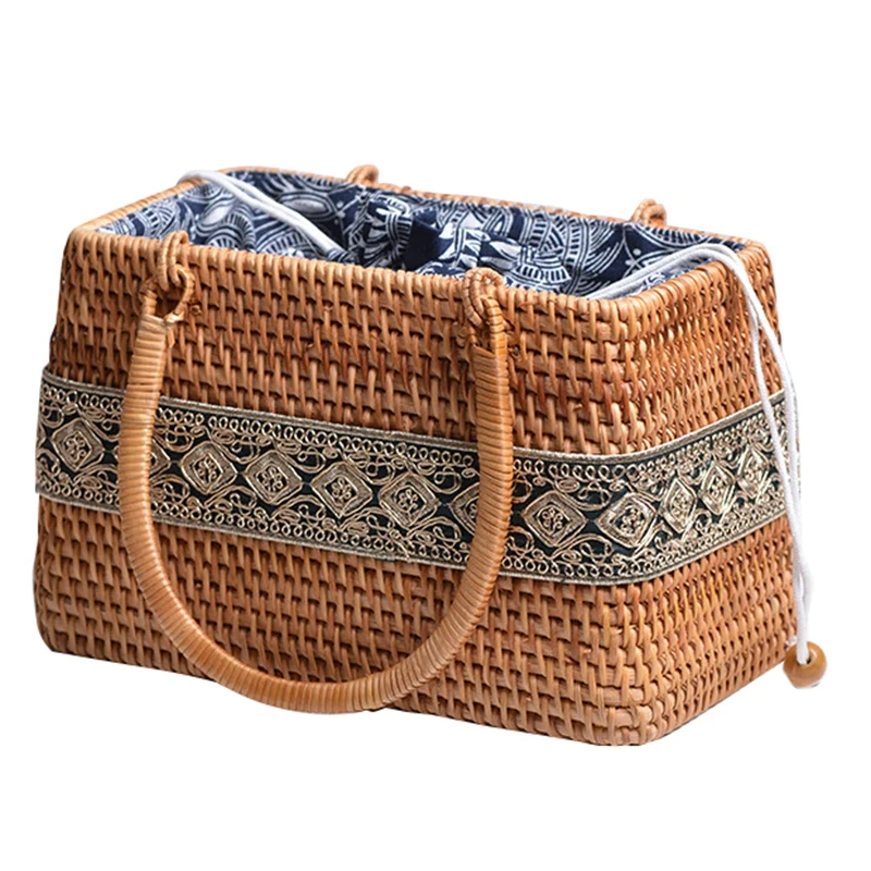 

Women Vintage Straw Bag Female Handmade Weave Handbag Bohemian Ladies Rattan Basket Travel Summer Beach Drawstring Tote