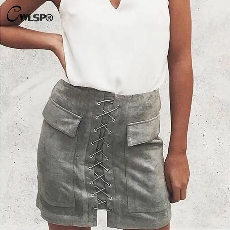 Top Fashion Brand Autumn High Waist Vintage Skirts Womens Chic Lace Up Suede Leather Skirts Winter Casual Pocket Saia QZ1707