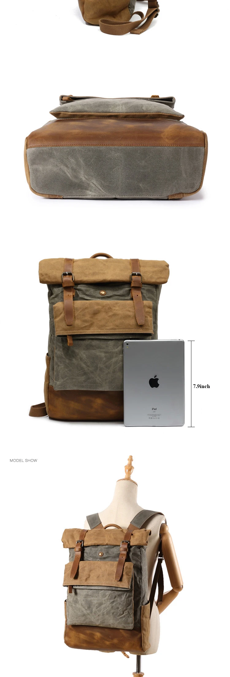 MODELSHOW von Woosir, stilvoller, handgefertigter Rolltop-Rucksack aus gewachstem Canvas