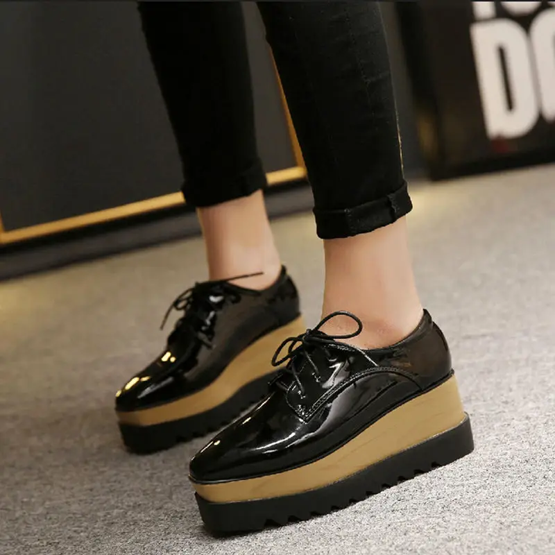 New Women Platform Flats Autumn High Quality Oxfords Solid Plain PU