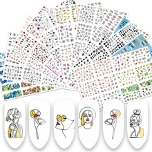 12 узоров, лист, черная линия, Красочные абстрактные изображения, наклейки для ногтей, наклейки, сексуальная девушка, переводная вода, слайдер для ногтей, художественный клей