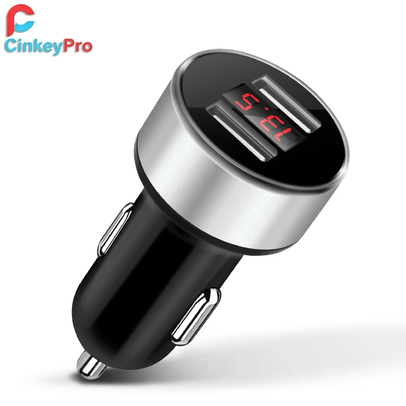 

CinkeyPro 2-Ports USB Charger with LED Screen for iPhone Samsung 5V/3.1A Charging Aluminum Car-Charger Mobile Phone Adapter