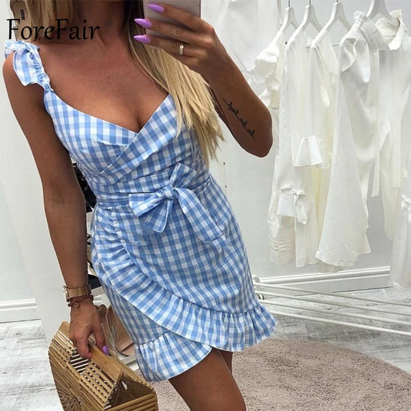 Forefair Vintage Plaid Dress Summer Mini Sexy Bodycon Ruffle  (3)