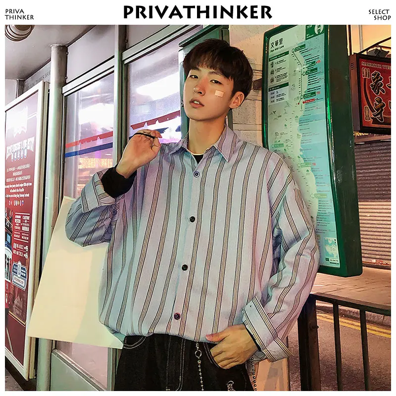 Privathinker Harajuku полосатые рубашки 2019 Мужская корейская модная рубашка с длинными