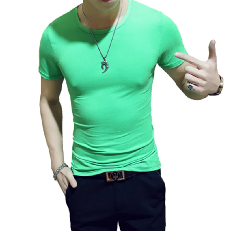 Эластичная мужская домашняя кофта с круглым горлом, футболка однотонная, модная футболка, Мужская футболка, брендовая одежда, футболки, много цветов, 3XL - Цвет: Mint