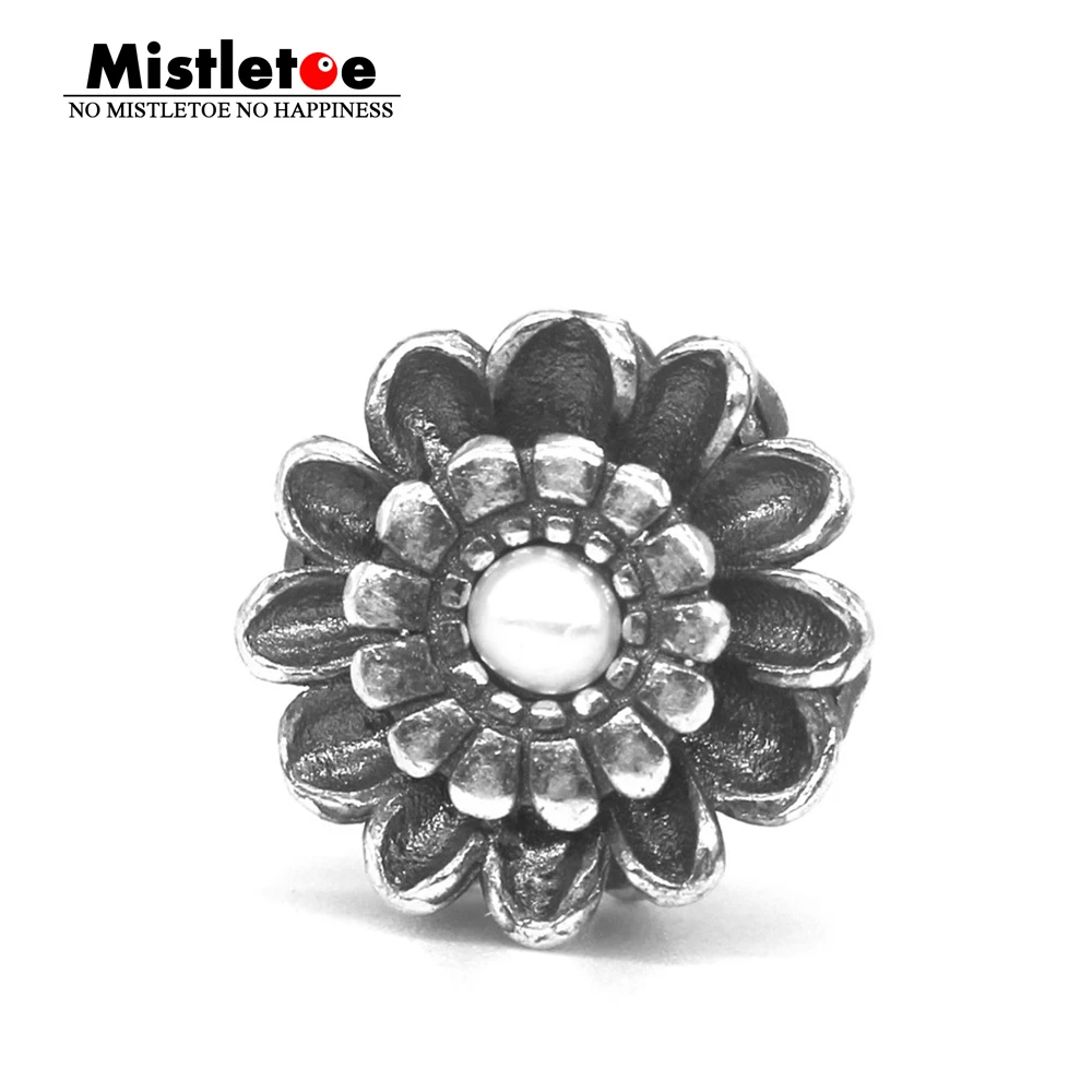 

Mistletoe Jewelry 925 Sterling Silver Chrysanthemum of November With White Pearl Charm Bead Fit European Troll 3.0mm Bracelet