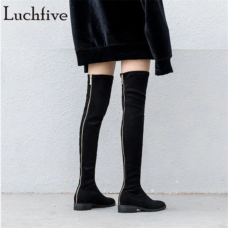 

Stretch fabric over the knee boots sexy back zipper low heels shoes women round toe black khaki long boots elastic botas mujer
