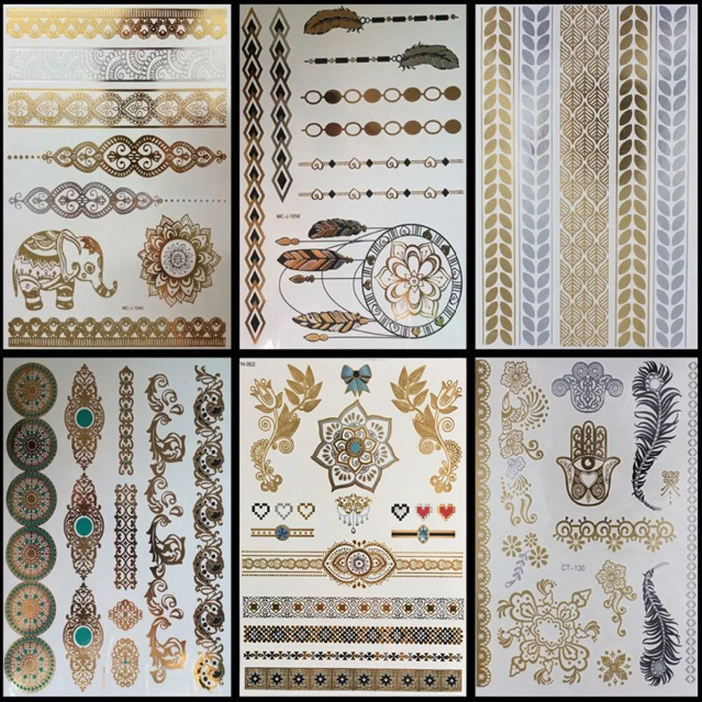 

6 PCS/ lot Gold Choker Temporary Tattoo Body Art Sleeve Arm Flash Tattoo Stickers, 21*15cm Waterproof Tatto Henna Fake Tatoo