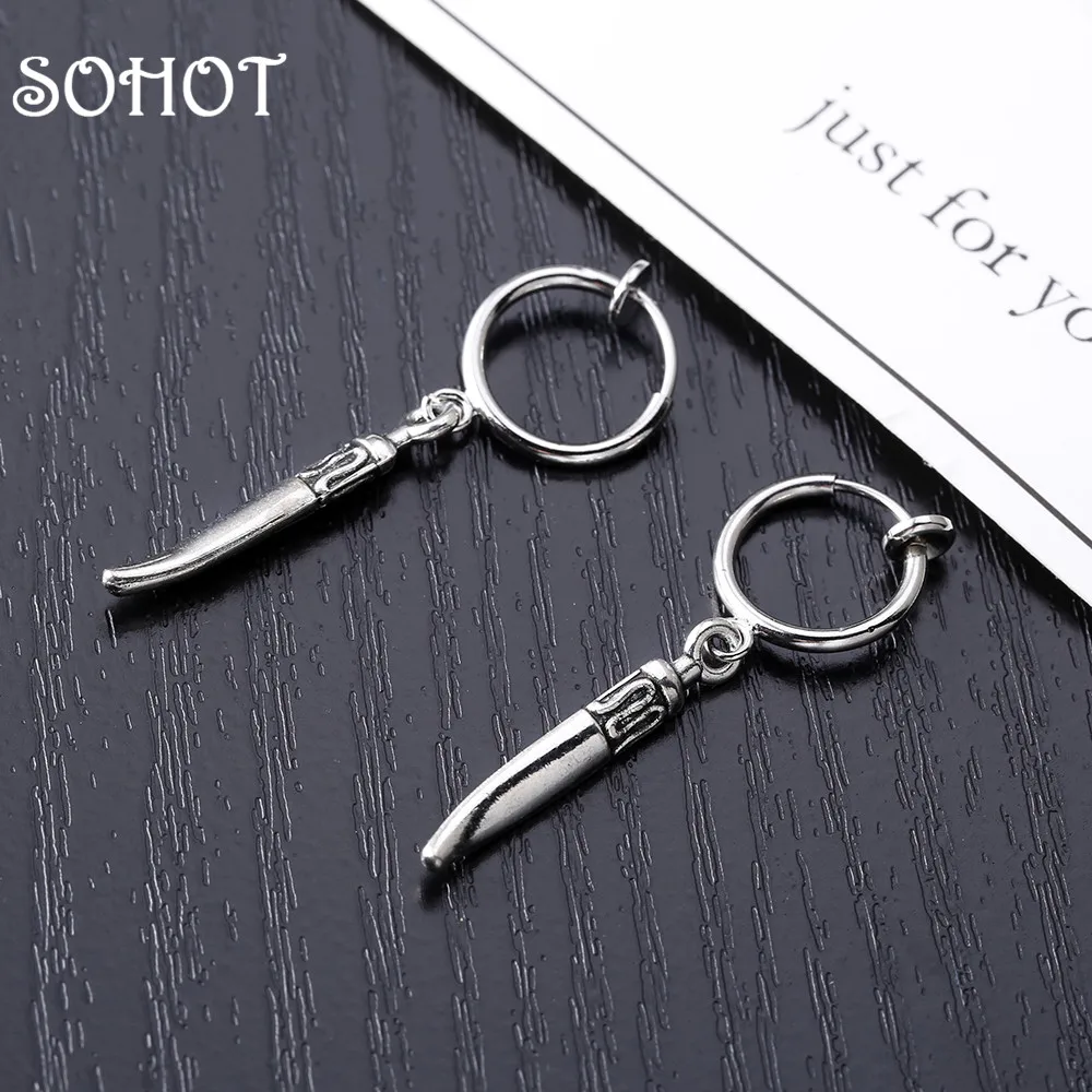 SOHOT Punk Style No Pierced Hoop Earrings Tiny Vintage Gold Silver Color Unisex Tibetan Knife Pendant For Ordiary Jewelry Bijoux | Украшения