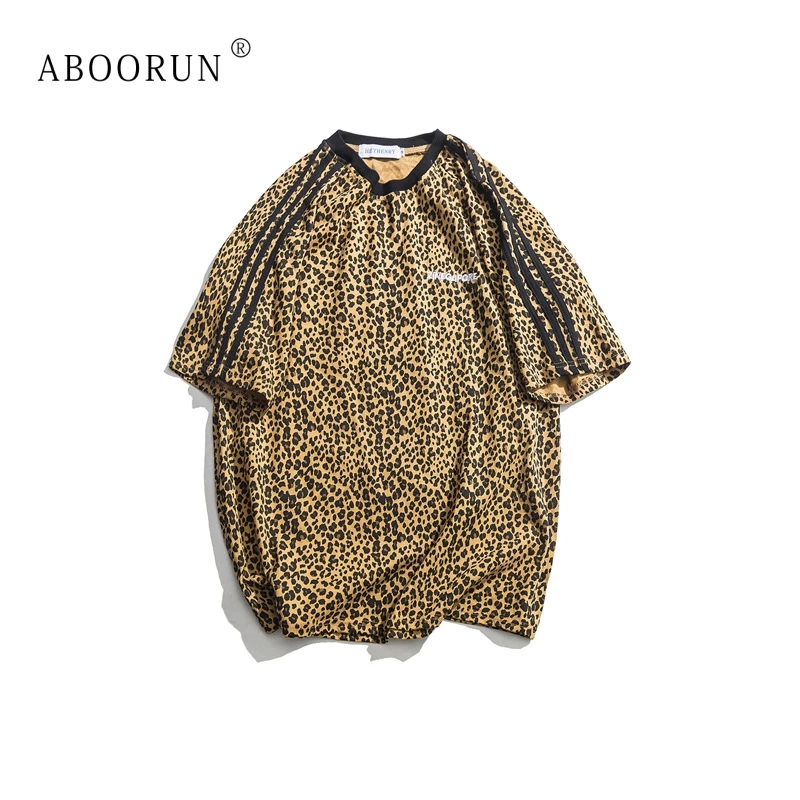

ABOORUN Summer Leopard Printed T Shirts Men's Loose Striped Patchwork T-Shirts Hip Hop Cotton Top Tees for Male