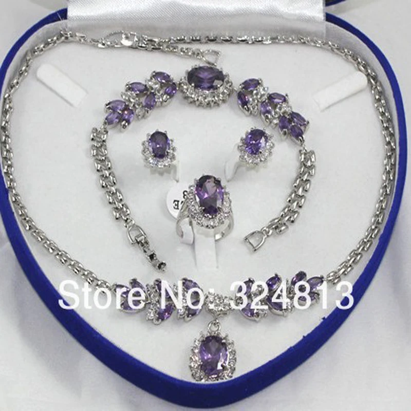 

New Lovely Women's Sets Purple pendant necklace bracelet silver Stud earring Ring #2222