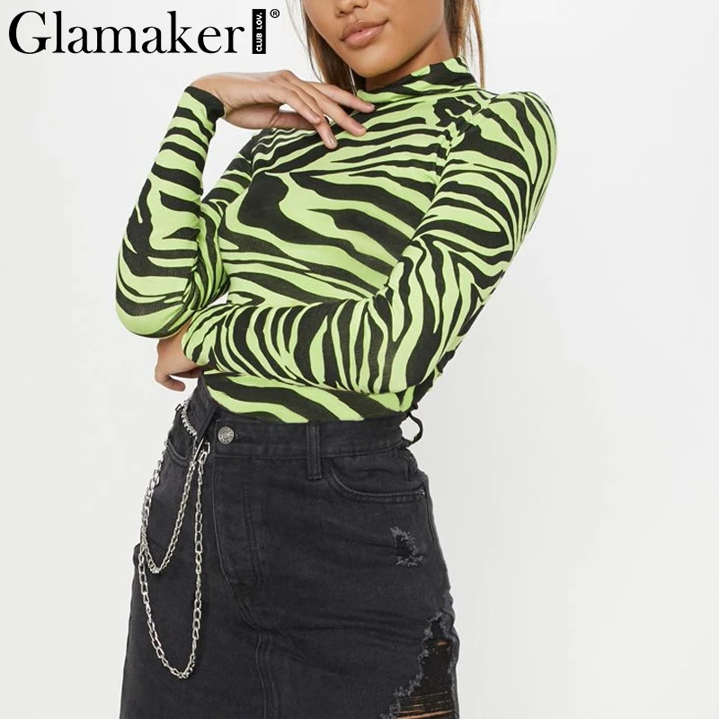 Glamaker Zebra print long sleeve bodysuit One-piece Women sexy turtleneck romper Female elegant spring womens playsuit overall