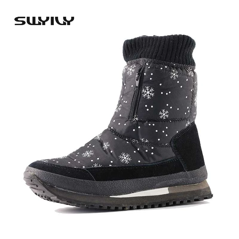 Snowflake Pattern Waterproof Winter Mid High Snow Boots 2017 New Non-slip Thickening Warm  Female Boots Cotton Shoes Zipper