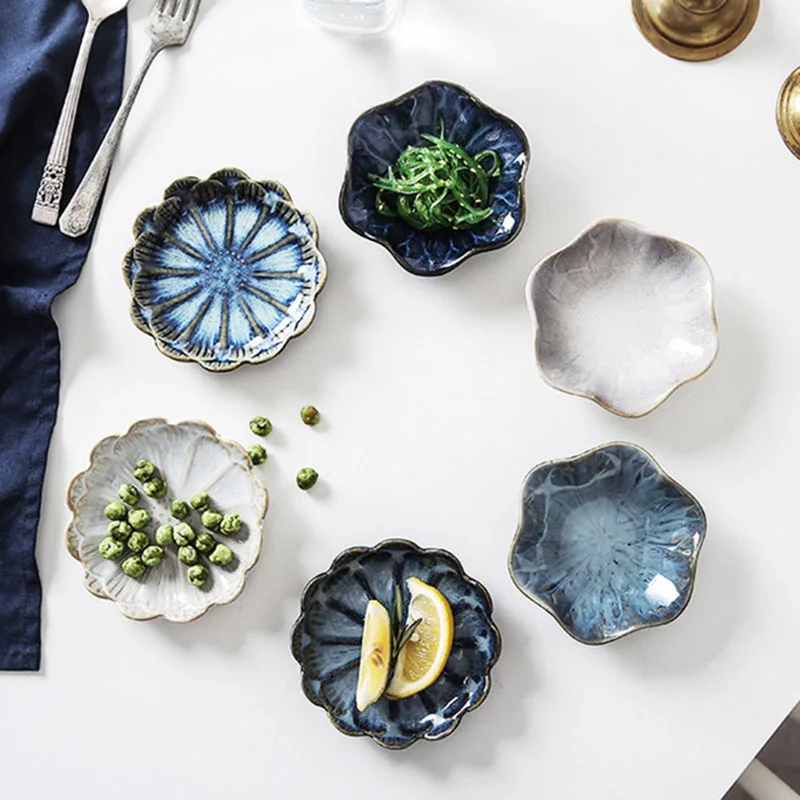 

European Style Flower Shape Seasoning Dish Kiln Glaze Fruit Snack Small Dish Creative Kitchen Cuisine Plate Tablware