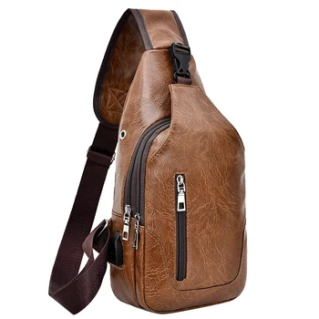 

Portable Single Zipper Travel Bag Charging Port USB Wear Resistance Cross Body Shoulder Sling Artificial PU Men Chest Bag #326