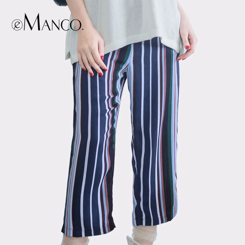 e-Manco Fashion Women Pants 100% cotton Classic Stripe Ankle Length Pants Casual Trousers For Women Clothes LR2064