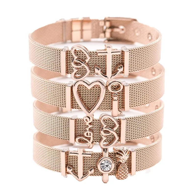 

Drop shipping SANSHOOR Rose Gold Charm Mesh Bracelet Set Stainless Steel DIY Charm Bracelet as Woman Valentine's day gift