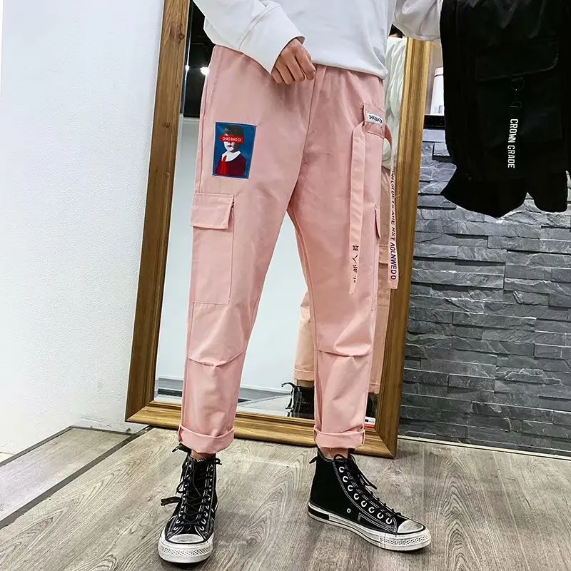 

Aelfric Eden Men Joggers Hip Hop Harem Streetwear Pants Ribbons Letter Embroidery Casual Trousers Popular Pink Cargo Pants