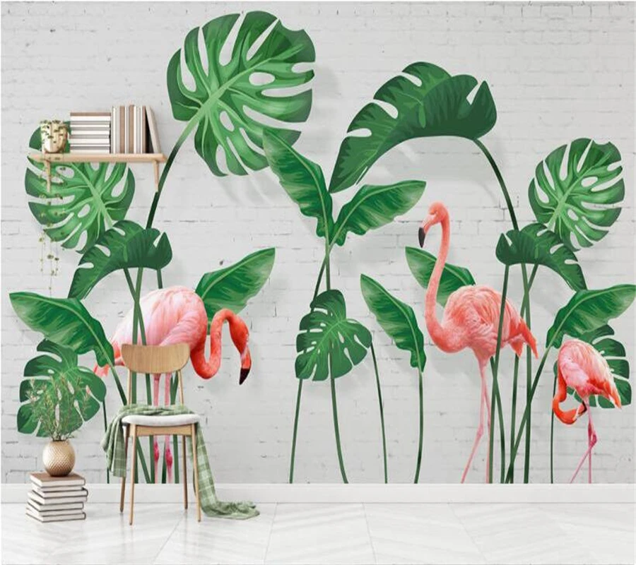 

wellyu Custom murals Wallpaper Hand-painted green leaves tropical rainforest flamingo photo 3D wallpaper papier peint murals