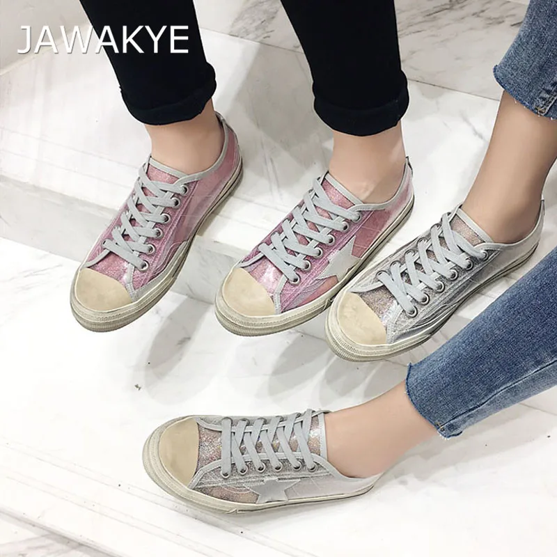 

2018 Pvc Transparent Shoes Woman Round Toe Lace Up Glittering Star Do Old Flats Casual Shoes Femme