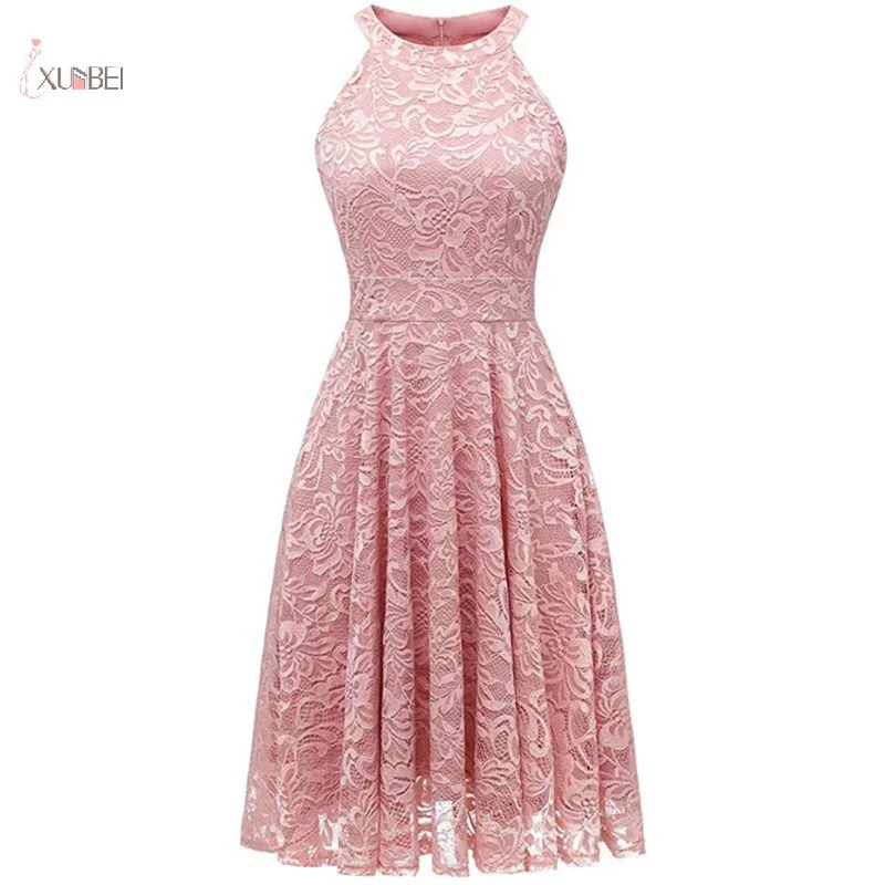 

2019 Pink Lace Short Evening Dress Sexy Halter Sleeveless A line Party Gown robe de soiree